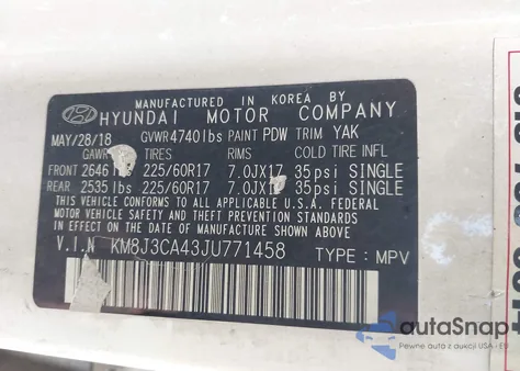 2018 Hyundai Tucson Sel Plus z USA, uszkodzony, nr VIN KM8J3CA43JU771458